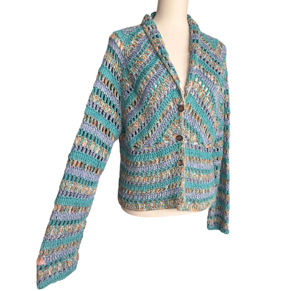 J. Jill Hand Crochet Open Knit Cardigan Blue Teal Cotton Blend Boho Medium - Picture 8 of 12